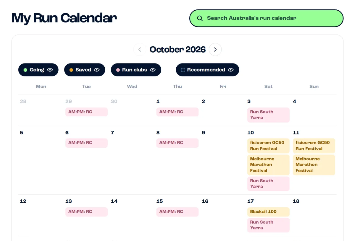 My Run Calendar showing saved events and run club sessions across October