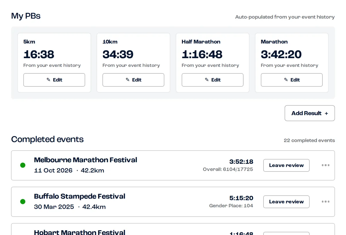 My PBs and a list of completed events with finish times
