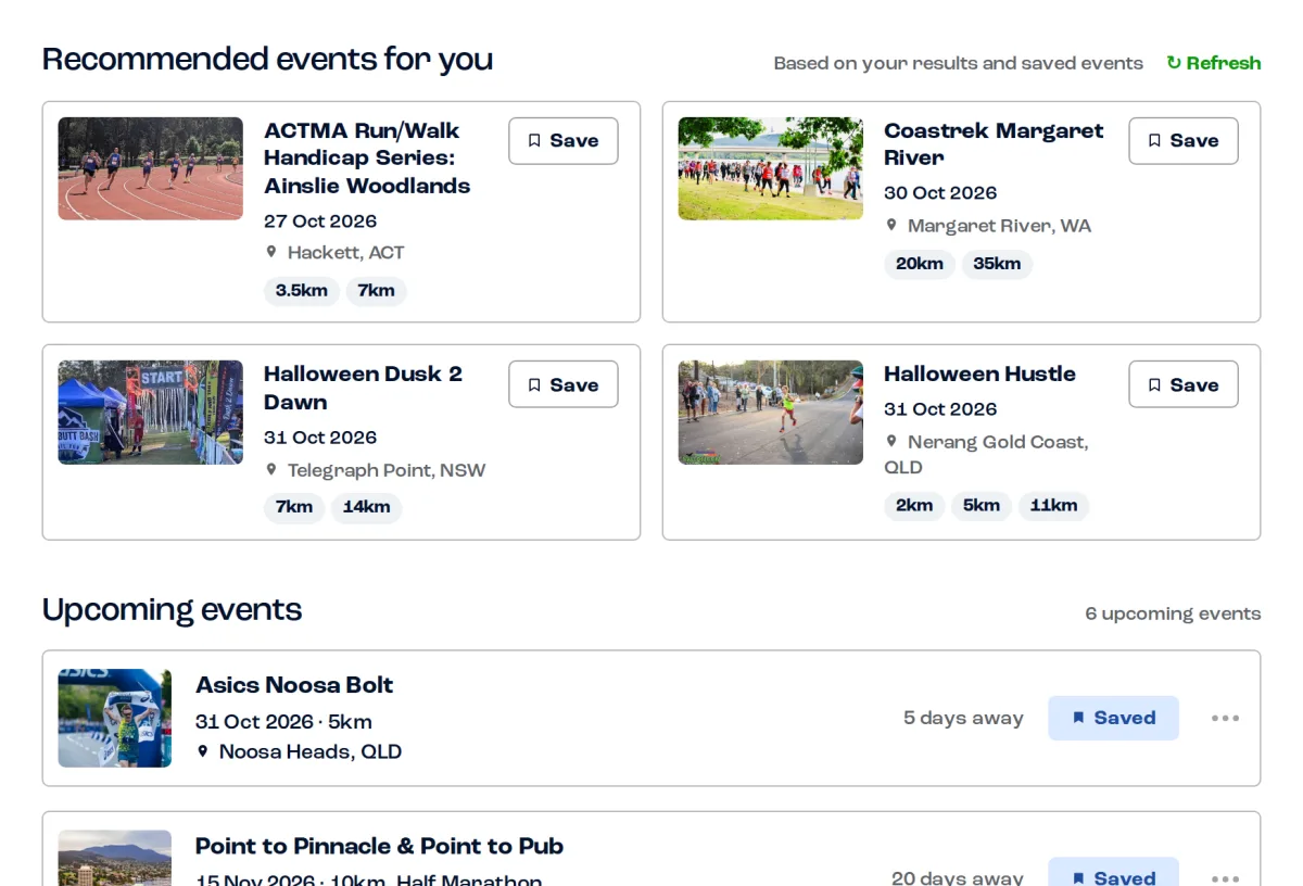 Recommended events for you, above a list of upcoming saved events