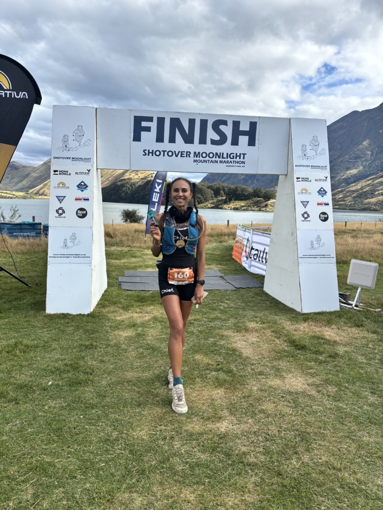 Veronika Larisova finishing the Shotover Moonight Mountain Marathon in 2024